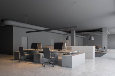 Gri duvarlar, beton zemin, sütun, sandalyeler ve koltuklar ile lounge alanı ile gri bilgisayar masaları ile modern ofis köşesinde. 3D render