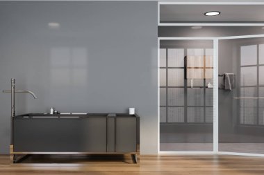 Gri duvarlar, ahşap zemin, gri köşe küvet ve duş cam kapı ile modern banyo iç. 3D render