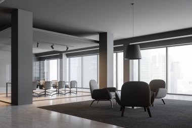 Gri duvarlar, beton zemin, yuvarlak sehpa ve şık lambaları yakın duran gri koltuklar ile panoramik ofis bekleme odasında köşesinde. 3D render