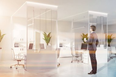 Beyaz ve cam duvarlar, beton zemin, beyaz bilgisayar masaları metal sandalyeler ve kütüphaneler ile ağıl ile şık ofis iç'iş adamıdır. Tonlu görüntü