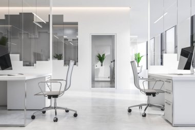 İç modern açık alan Office beyaz duvarlar ve zemin ve sandalye ile beyaz bilgisayar tabloları satırları ile. Cam kapı. 3D render