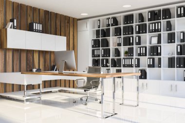 Müdür ofis beyaz ve ahşap duvarlar, kiremitli kat, beyaz ve ahşap bilgisayar masa, beyaz kitaplık ve raflardan bir köşesinde duvara. 3D render