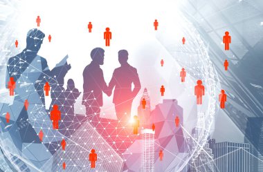 Küresel insan çift pozlama ile gökdelen arka plan üzerinden iletişim iş adamları siluetleri hologram ağ. Uluslararası şirket kavramı. Tonlu görüntü