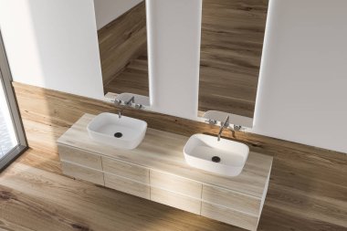 Modern banyo beyaz ve ahşap duvarlar, ahşap zemin, geniş pencere ve çift lavabo ayakta uzun ve dar aynalar ile ahşap tezgah üzerinde en iyi görünümü. 3D render