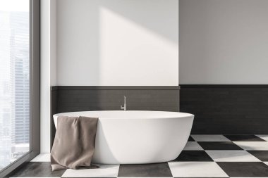 İç modern banyo beyaz ve gri duvarlar, kiremitli kat, çatı penceresi ve küvet gri havlu üzerinde asılı ile konforludur. 3D render