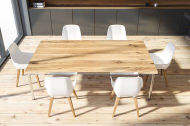 Üstten Görünüm toplantı salonu ile gri duvarlar, ahşap zemin, beyaz koltukları ve gri kütüphaneler ile uzun ahşap masa ofis. 3D render