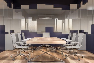 İç mavi ve cam duvarlar, ahşap zemin, beyaz koltukları ve iki gri dolapları ile uzun ahşap masa ile office konferans odası. 3D render