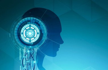 Robot baş siluet teller, sürükleyici Hud arabirimi ve üzerinde yeşil arka plan kod satırları yan görünüm. Kavram AI. 3D render alay
