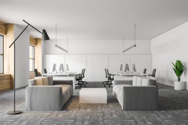 Ofis Bekleme odası ile beyaz ve ahşap duvarlar, gri halı zemin ve beyaz sehpa yakınındaki iki ışık gri kanepeler üzerinde iç. 3D render