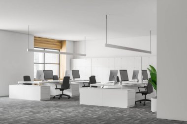 Beyaz ve ahşap duvarlar, gri halı ile modern ofis köşesinde yerdeki, beyaz bilgisayar masaları gri sandalye ve dolap ile iki satır duvara yakın. 3D render