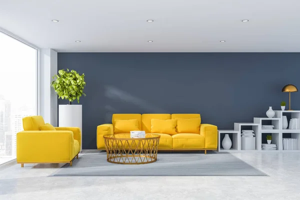 Interieur Eines Modernen Wohnzimmers Mit Grauen Wänden Weißem Boden Gelbem — Stockfoto