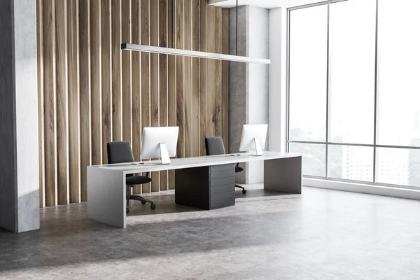 콘크리트와 파노라마 컴퓨터와 블랙의 흰색과 검은색 테이블 매니저 사무실의 렌더링 — 스톡 사진