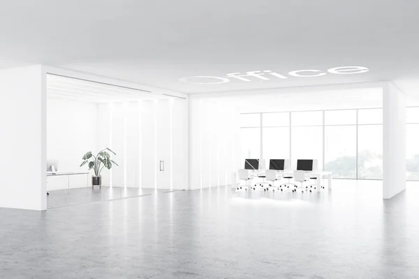 Interior of modern office with white and glass walls, concrete floor, office room with massive table and computers on it and manager room. 3d rendering