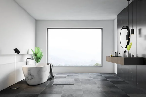 Interior Bathroom White Black Marble Walls Tiled Floor Large Window — Stock Photo, Image