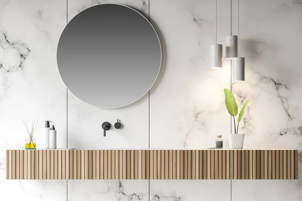 Close Wooden Bathroom Sink Mirror Located Room White Marble Walls — Stock Photo, Image