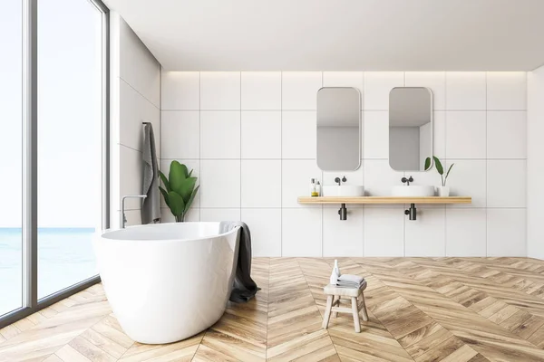 Vue Latérale Salle Bain Moderne Avec Des Murs Tuiles Blanches — Photo