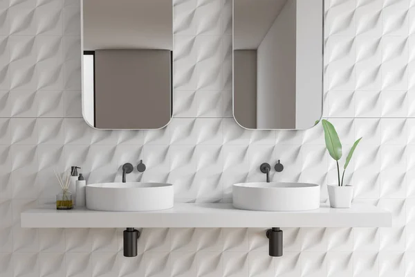 Primer Plano Del Lavabo Baño Doble Pie Encimera Blanca Con — Foto de Stock