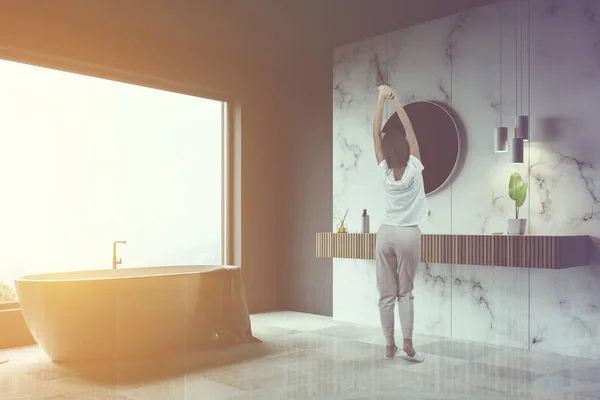 Woman Corner Luxury Bathroom Gray White Marble Walls Large Window — Stock Photo, Image