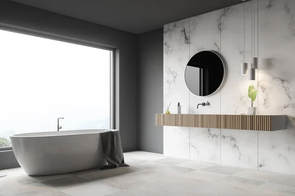 Ecke Des Luxus Badezimmers Mit Grauen Und Weißen Marmorwänden Großem — Stockfoto
