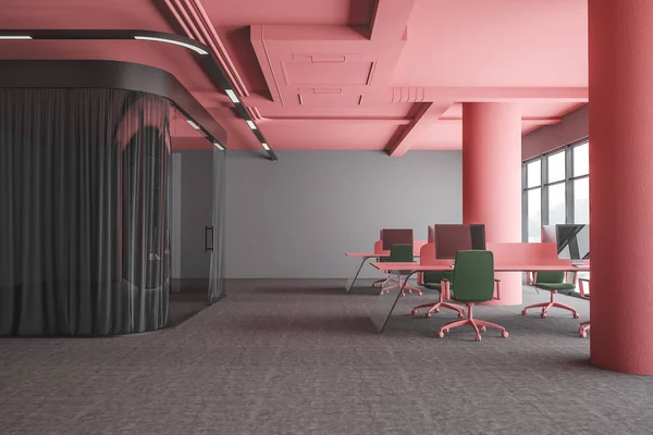 Interior Open Space Office Gray Walls Concrete Floor Pink Columns — Stock Photo, Image