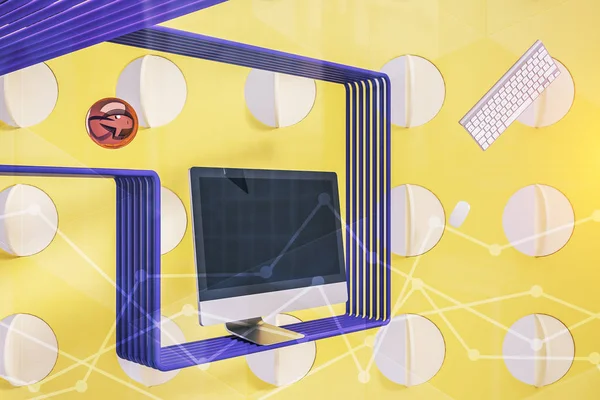 Υπολογιστή Πληκτρολόγιο Και Ποντίκι Στέκεται Πάνω Από Κίτρινο Φόντο Γεωμετρικά — Φωτογραφία Αρχείου