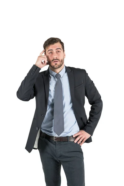 Retrato Isolado Jovem Empresário Com Barba Vestindo Terno Escuro Pensando — Fotografia de Stock