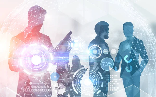 Silhouettes of business people working with documents and shaking hands over planet background with double exposure of business infographics and hud interface. Concept of global business. Toned image