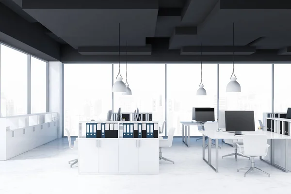 Interior Panoramic Open Space Office White Walls Concrete Floor White — Stock Photo, Image