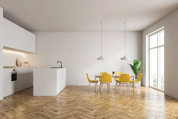 Interior of modern kitchen with white walls, wooden floor, white countertops and cupboards, white island and wooden table with yellow chairs. 3d rendering