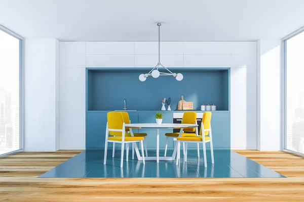 Interior Cocina Moderna Con Paredes Blancas Suelo Madera Encimeras Azules —  Fotos de Stock