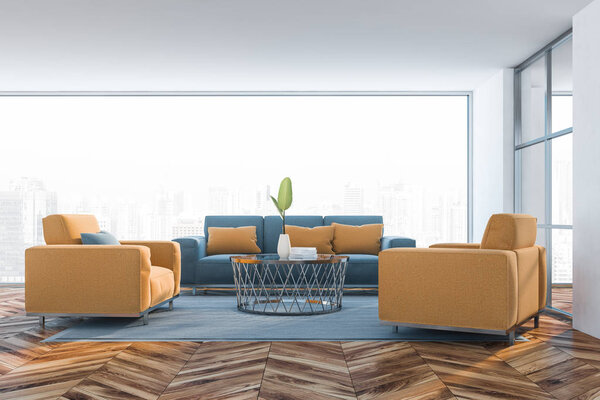 Interior of modern living room with white walls, wooden floor, panoramic window, blue sofa and yellow armchairs near round coffee table. 3d rendering