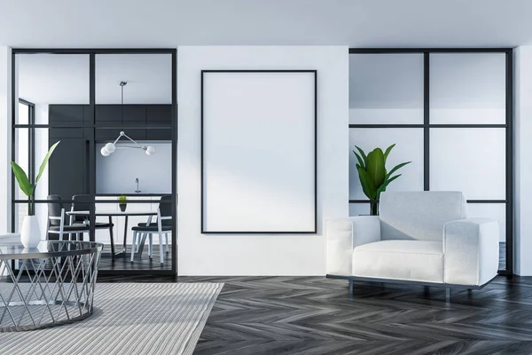 Interior Elegante Sala Estar Com Paredes Brancas Piso Madeira Escura — Fotografia de Stock