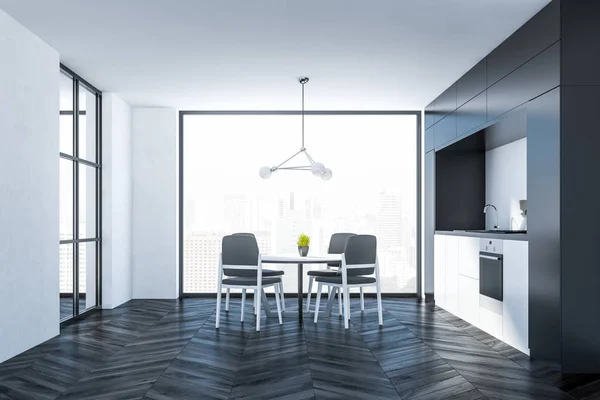 Interior Cozinha Elegante Com Paredes Brancas Piso Madeira Escura Janela — Fotografia de Stock