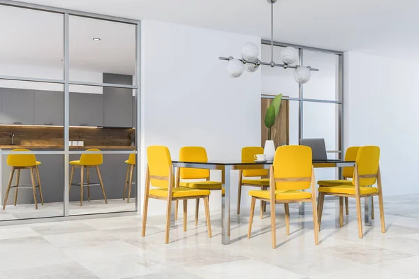 Corner Modern Dining Room White Walls Tiled Floor Black Table — Stock Photo, Image