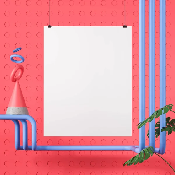Verticale Poster Opknoping Buurt Van Roze Muur Met Blauwe Buizen — Stockfoto