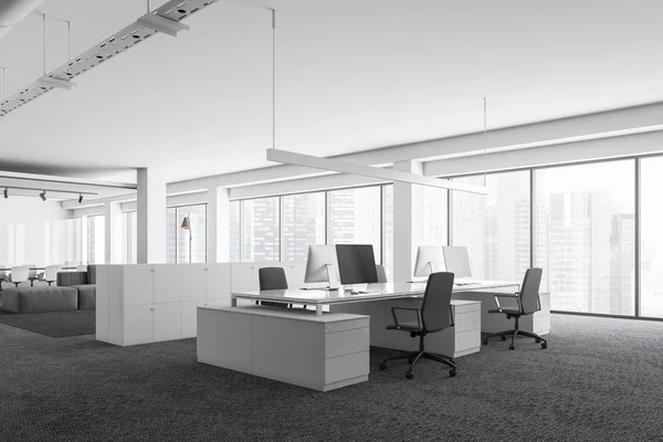 Corner White Open Space Office Panoramic Windows Gray Carpet Floor — Stock Photo, Image