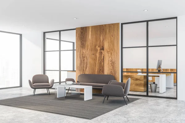 Corner of office waiting room with white and wooden walls, concrete floor, gray armchairs and sofa standing near white coffee table on gray carpet. 3d rendering