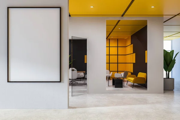 Interior of office waiting room with yellow and black walls, concrete floor, yellow sofa and white armchair near black coffee table and poster in lobby. 3d rendering mock up