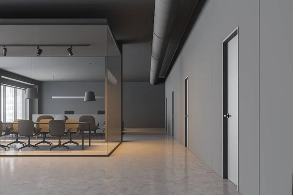 Interior Sala Reuniões Escritório Com Paredes Cinza Vidro Piso Concreto — Fotografia de Stock
