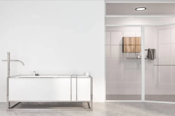 Interior Modern Bathroom White Walls Concrete Floor White Angular Bathtub — Stock Photo, Image