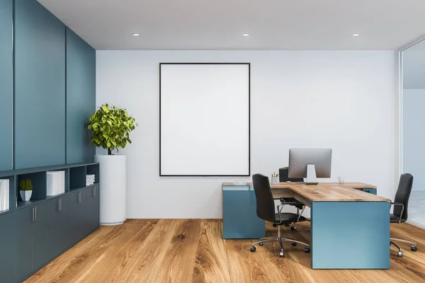 Interior of manager office with white and blue walls, wooden floor, blue and wooden computer table with black chairs and vertical poster. 3d rendering mock up