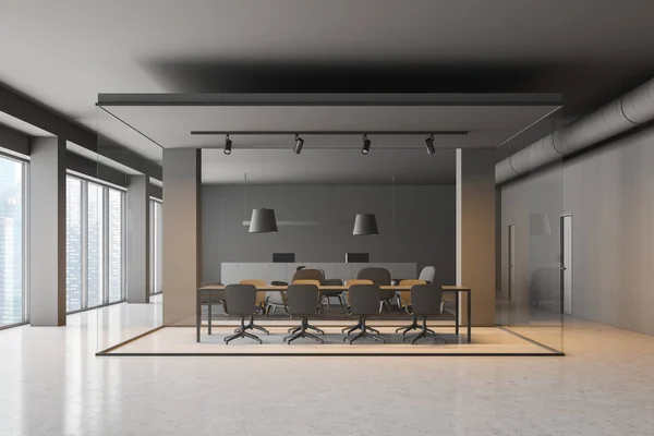 Interior Office Meeting Room Gray Glass Walls Concrete Floor Panoramic — Stock Photo, Image