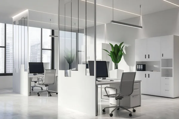 Interior Escritório Moderno Com Paredes Brancas Vidro Piso Concreto Janelas — Fotografia de Stock