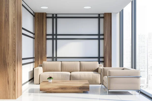 Interior Office Waiting Room White Stripe Walls Tiled Floor Panoramic — Stock Photo, Image