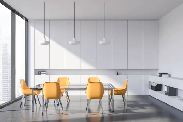 Interior of office meeting room with white walls, concrete floor, panoramic window, glass table with yellow chairs and white bookcases. 3d rendering