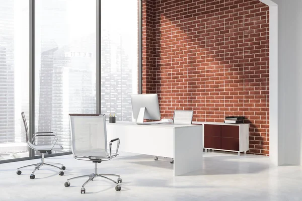 Corner of manager office with brick walls, white floor, panoramic window, white computer table with chair and chairs for visitors. 3d rendering