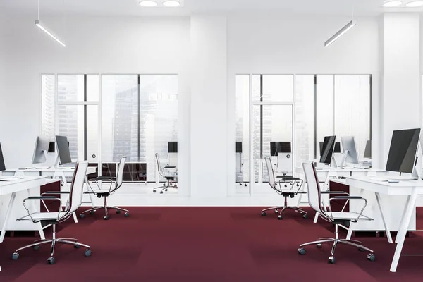 Side View Open Space Office White Walls Red Carpet White — Stock Photo, Image