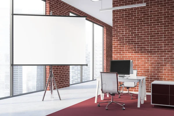 Interior of open space office with brick walls, white floor with red carpet, compact white computer table with chairs and projection screen. 3d rendering mock up