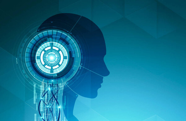 Вид сбоку на силуэт головы робота с проводами, иммерсивным интерфейсом HUD и линиями кода на зеленом фоне. Понятие ИИ. 3D рендеринг макет
