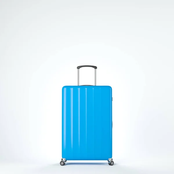 白い背景の上に明るい青いスーツケース立って 観光と旅行のコンセプトです レンダリング — ストック写真